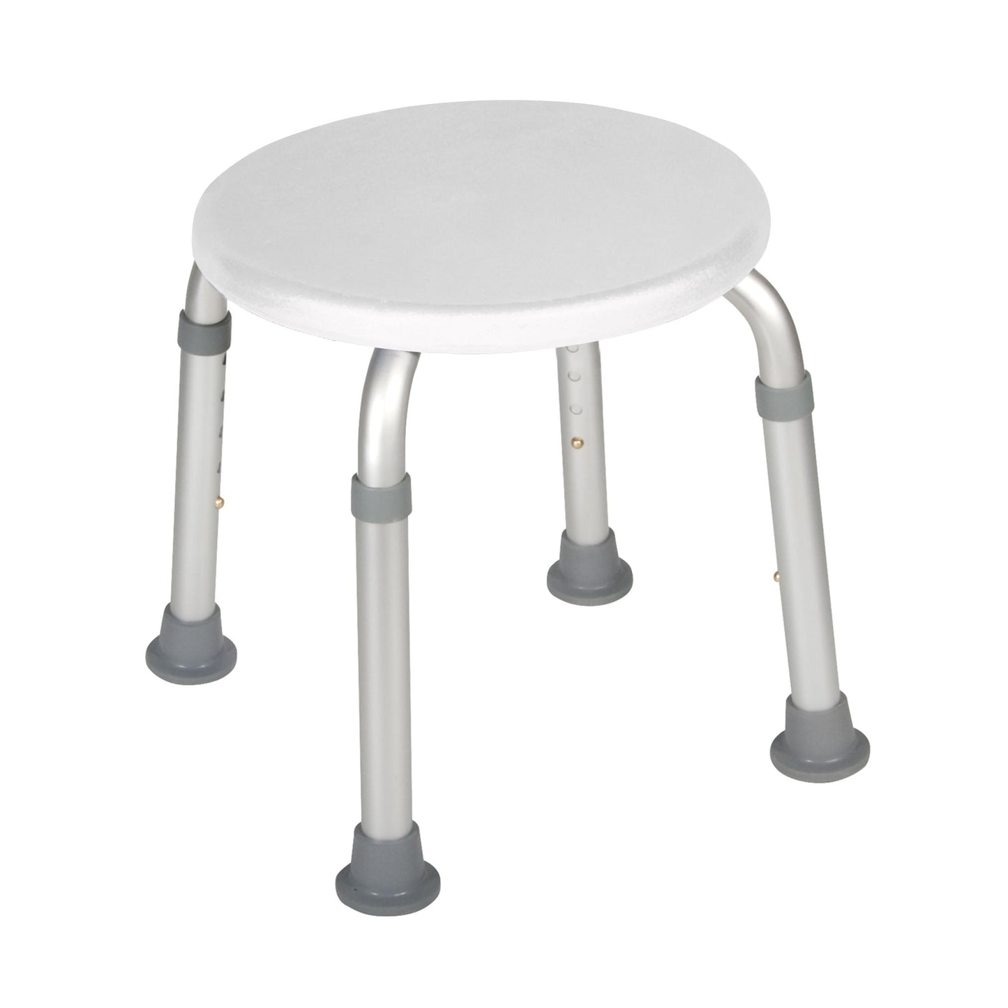 Adjustable height bath stool with round white seat and four white legs with gray collars