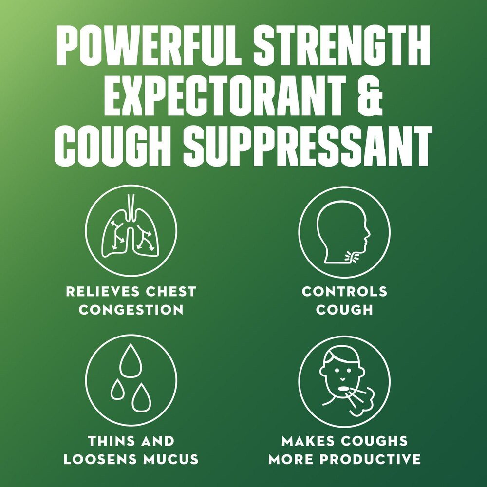 Mucinex DM benefits icons: relieves chest congestion, controls cough, thins mucus