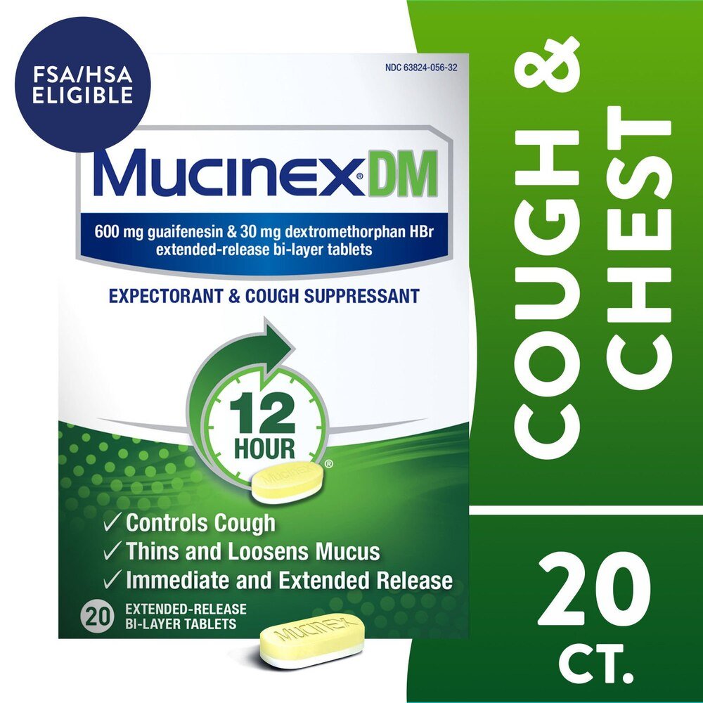 Mucinex DM box showing 12-hour extended-release bi-layer tablets, 20 ct and eligibility mark