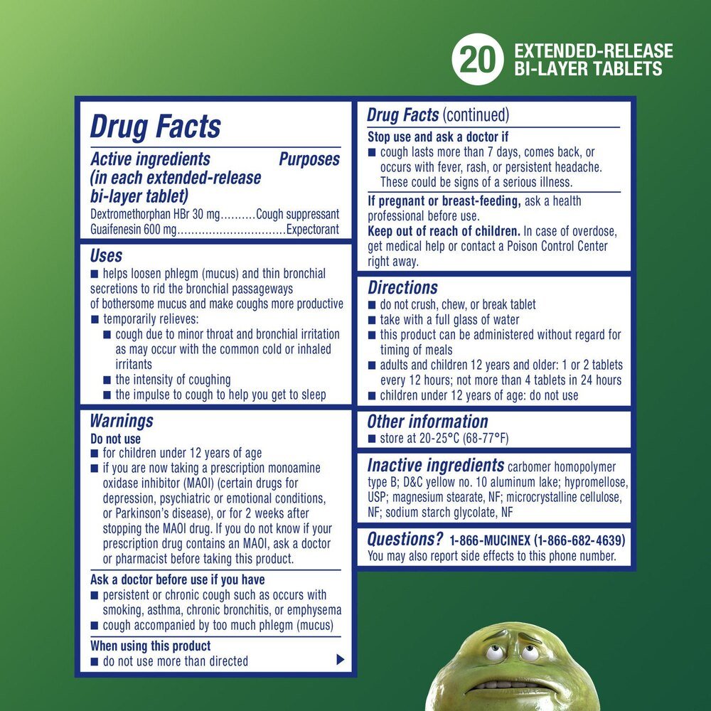 Mucinex DM extended-release bi-layer tablets drug facts panel with active ingredients and directions