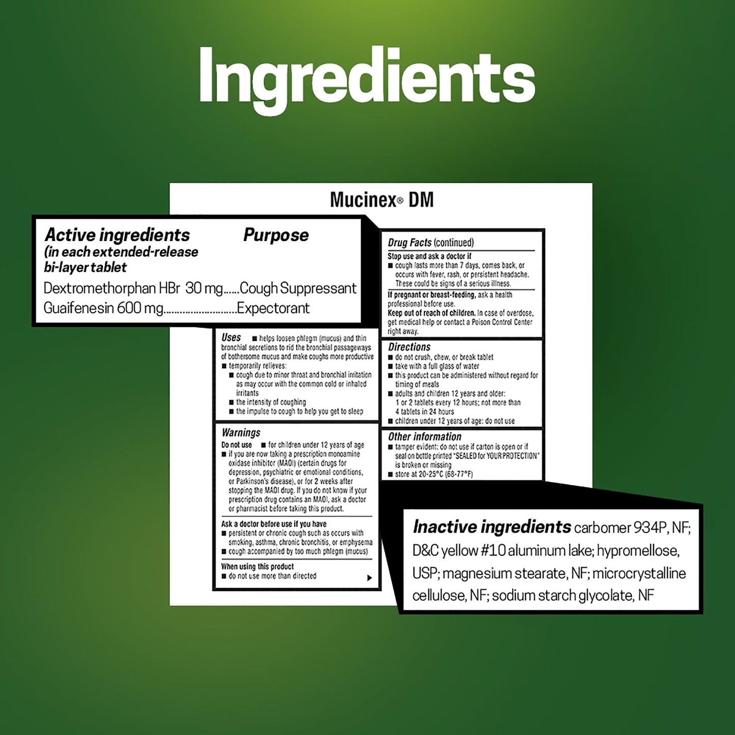 Mucinex DM ingredients information panel for extended-release bi-layer tablets