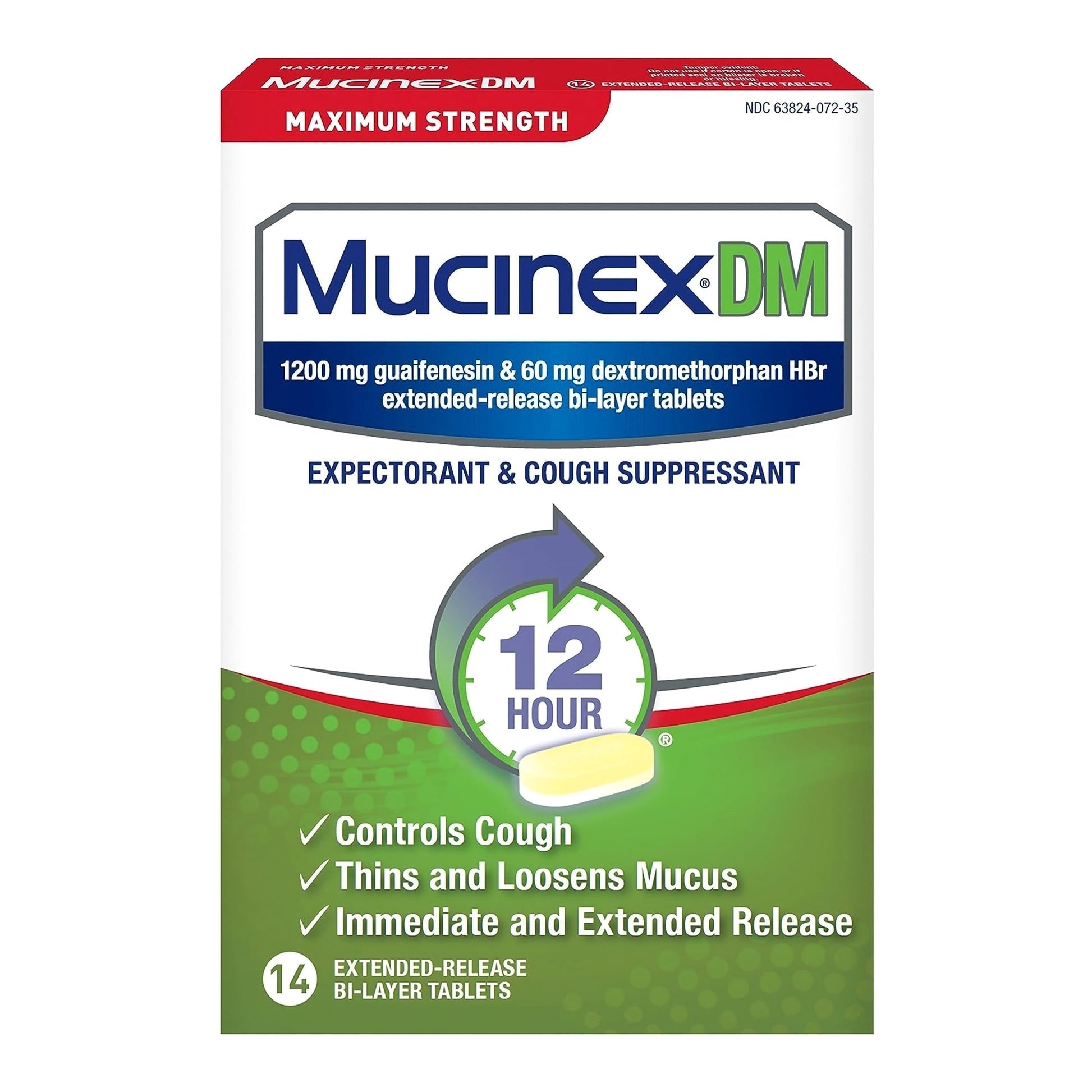 Mucinex DM maximum strength 12-hour extended-release bi-layer tablets, 14 count box