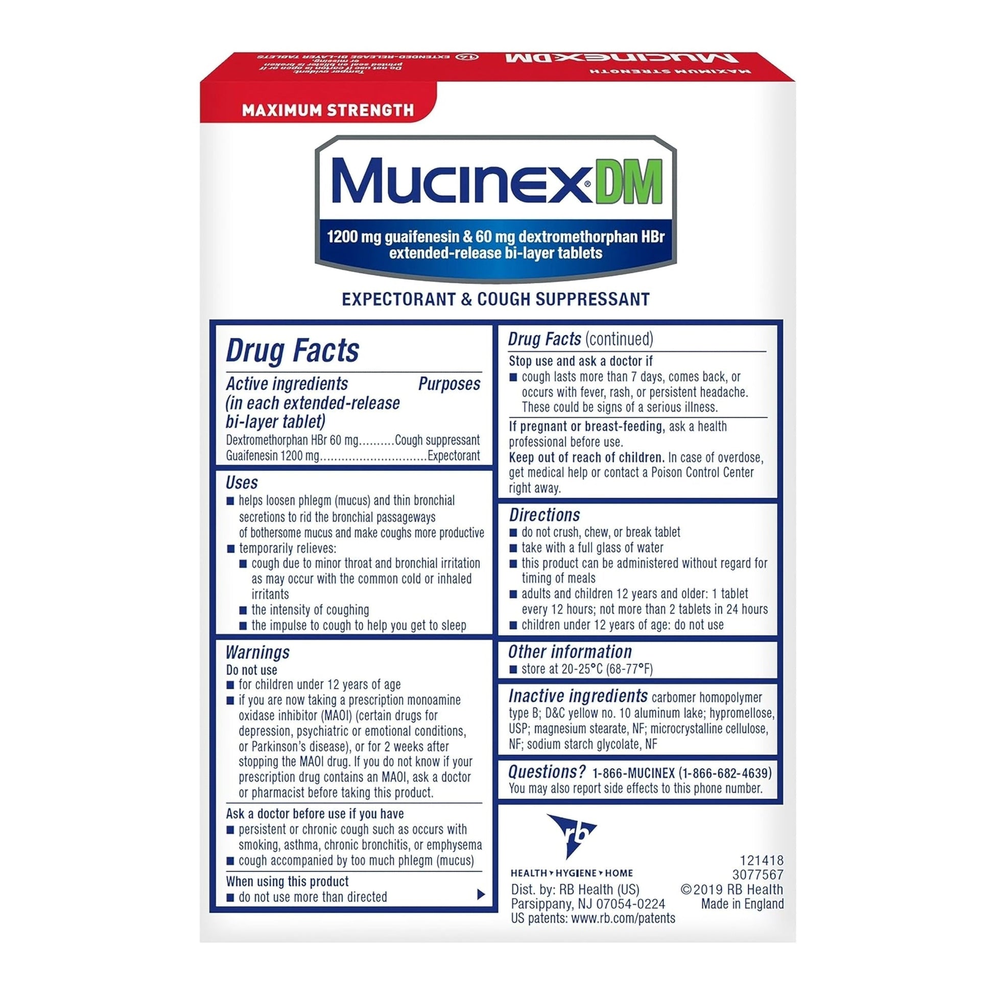 Mucinex DM maximum strength extended-release bi-layer tablets with Drug Facts panel