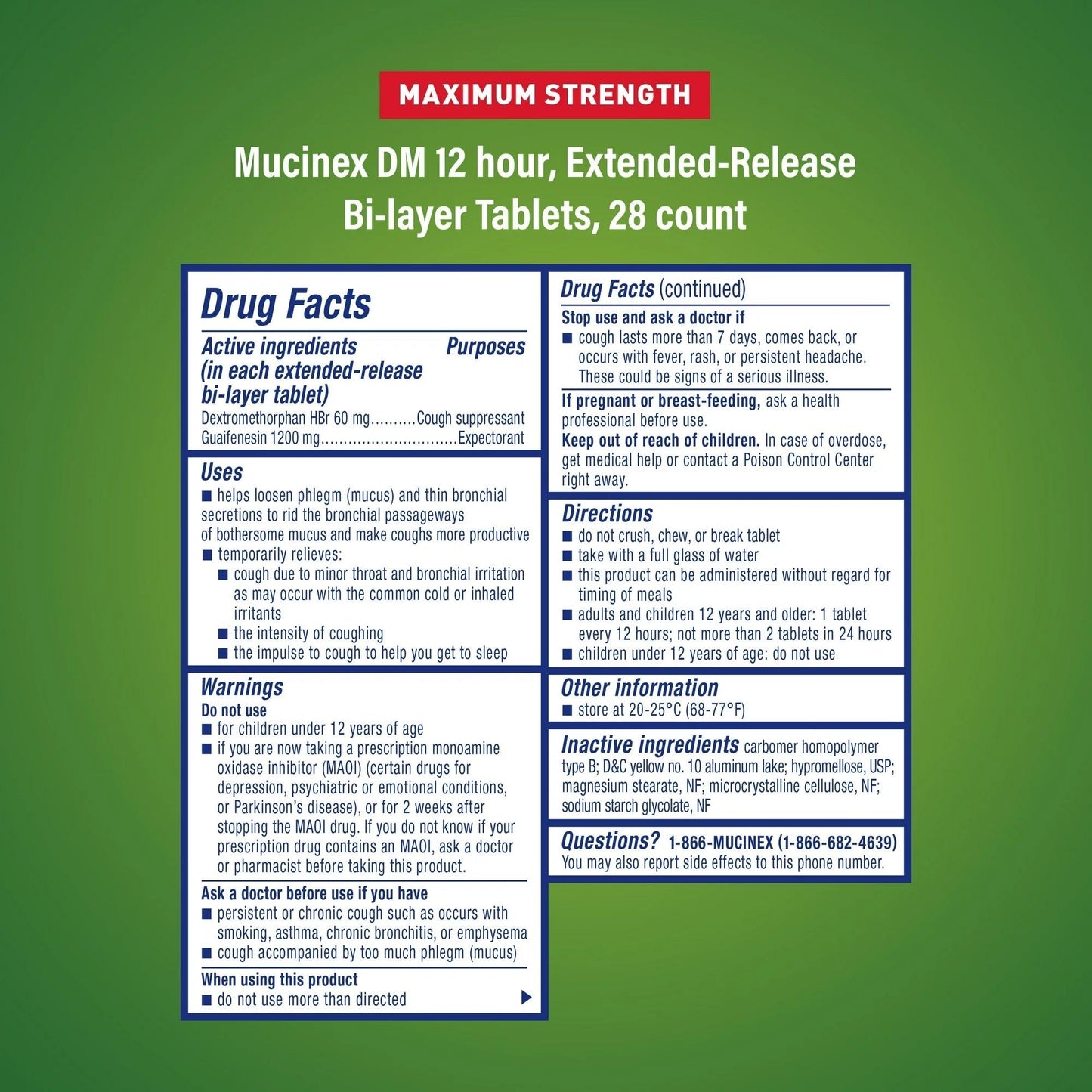Mucinex DM 12-hour extended-release bi-layer tablets drug facts, 28 count