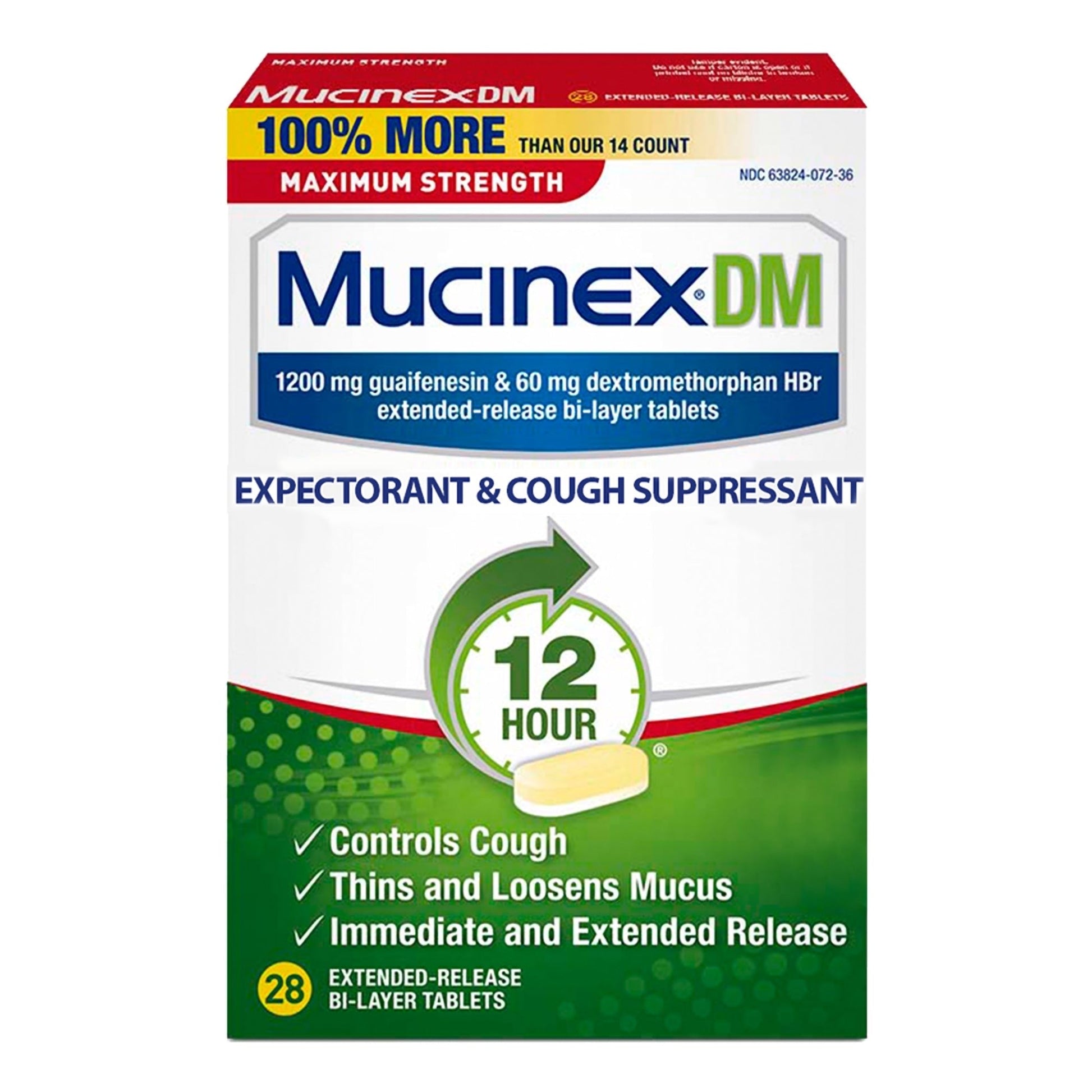 Mucinex DM maximum strength 12-hour extended-release bi-layer tablets, 28 count box