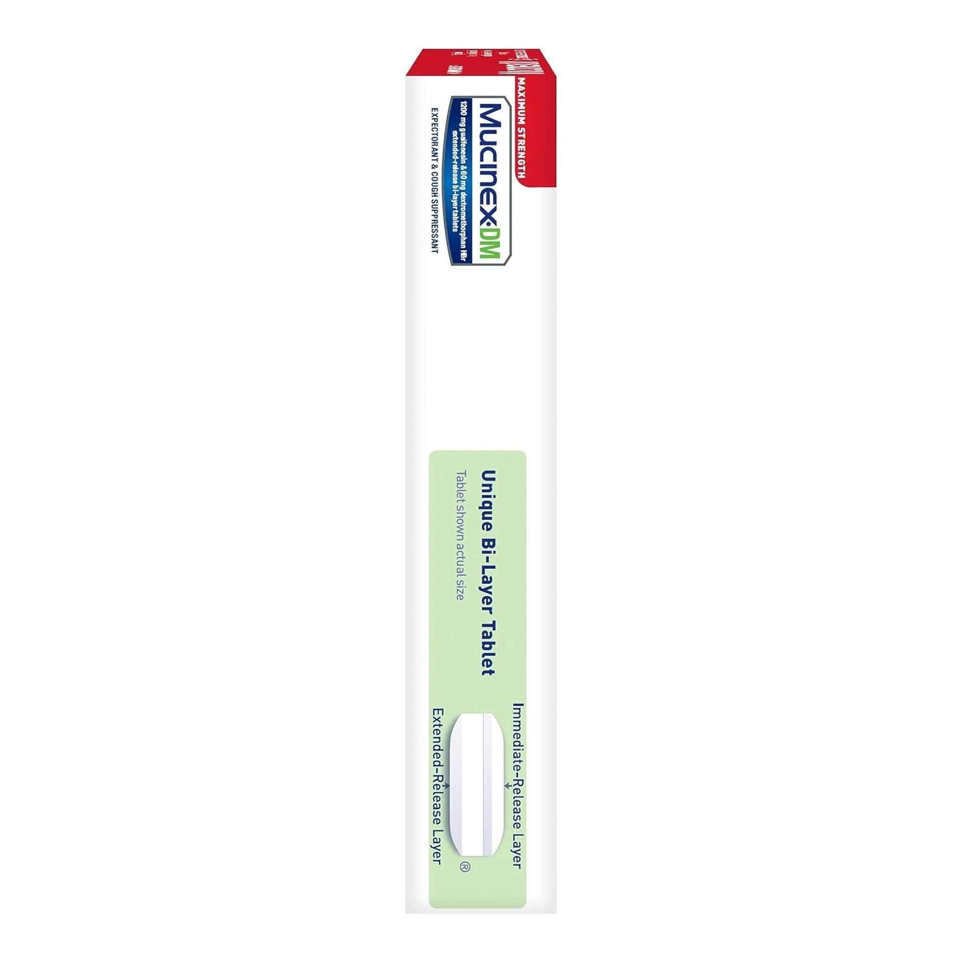 Mucinex DM 12-hour extended-release bi-layer tablets box, side view