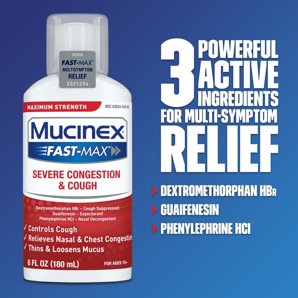 Maximum strength Mucinex Fast-Max severe congestion and cough liquid, 6 oz bottle with red and white label, blue background, front view
