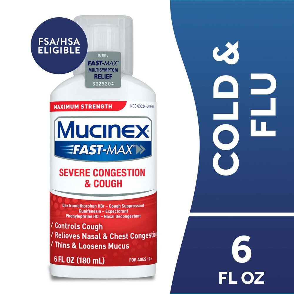 Maximum strength Mucinex Fast-Max severe congestion and cough liquid by Mucinex, white bottle with red and blue label, 6 fl oz, front view