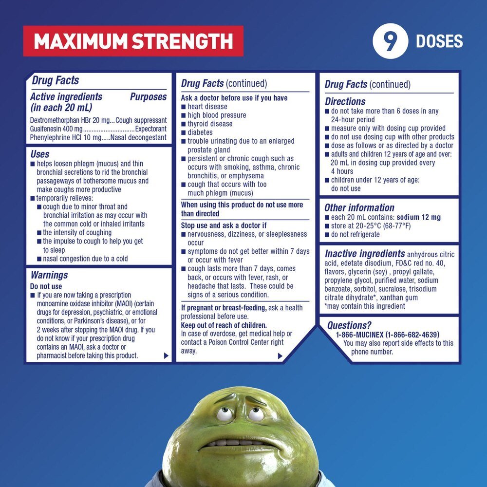 Maximum strength Mucinex Fast-Max severe congestion and cough liquid, 6 oz bottle with blue label, white text, and cartoon character illustration at bottom.