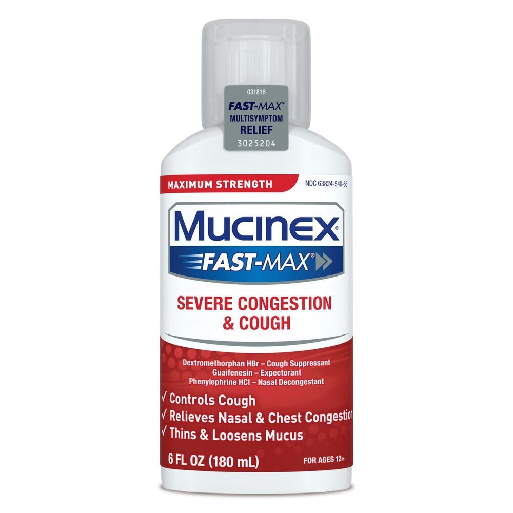 Maximum strength Mucinex Fast-Max severe congestion and cough liquid, 6 oz bottle with white and red label, front view
