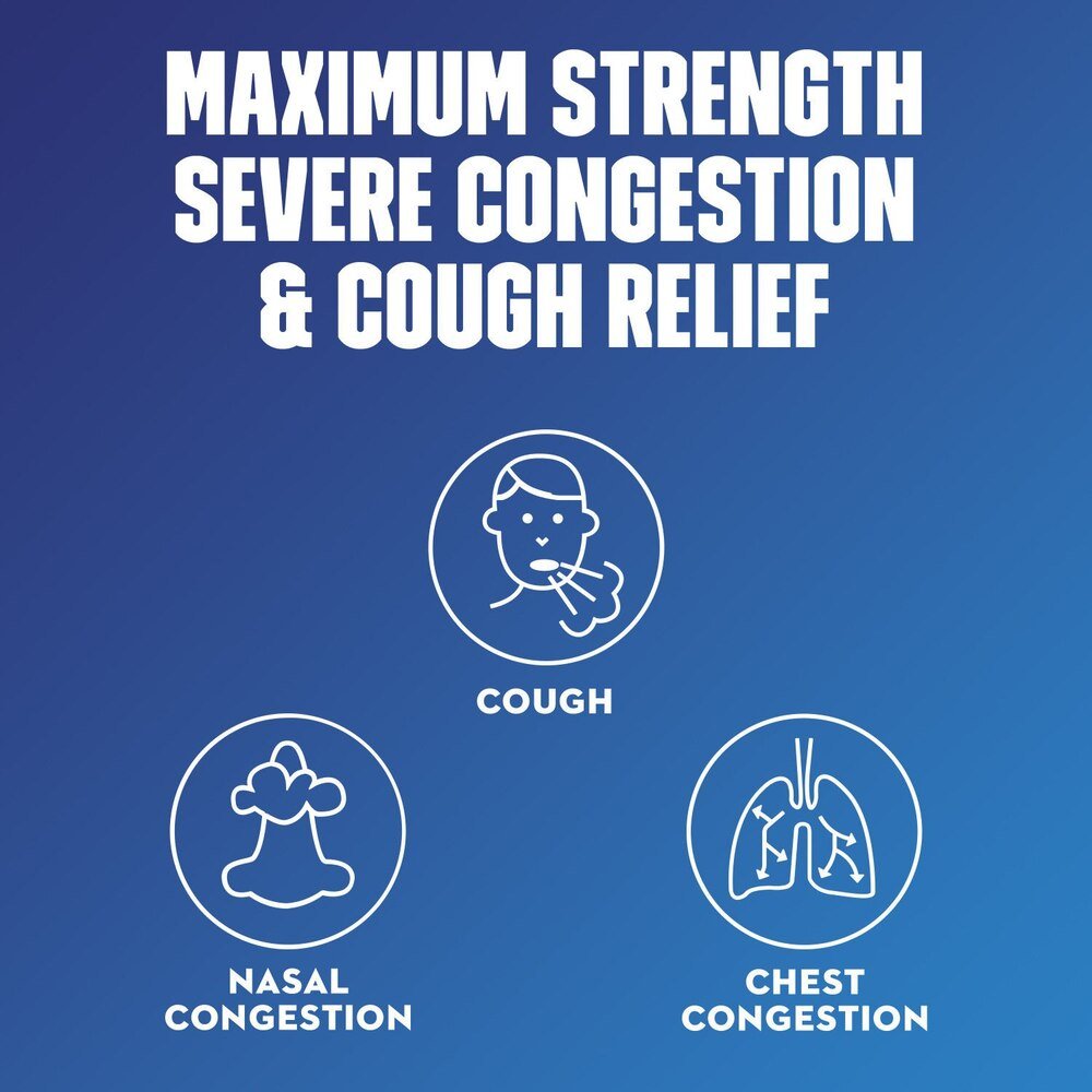 Maximum strength severe congestion and cough relief liquid by Mucinex, blue background with white icons for cough, nasal, and chest congestion.