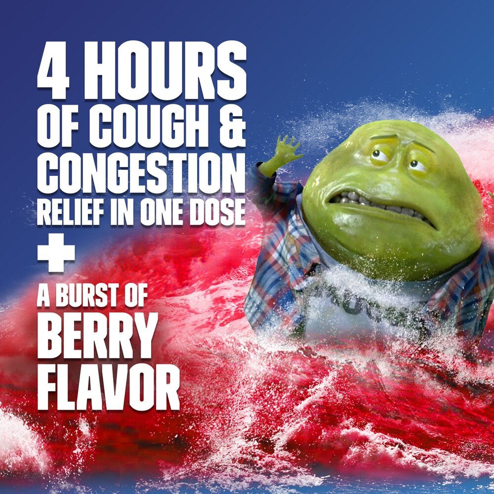 Maximum strength cold & flu liquid by Mucinex, berry flavored, with green character in plaid shirt, red splash background, 4-hour relief text overlay