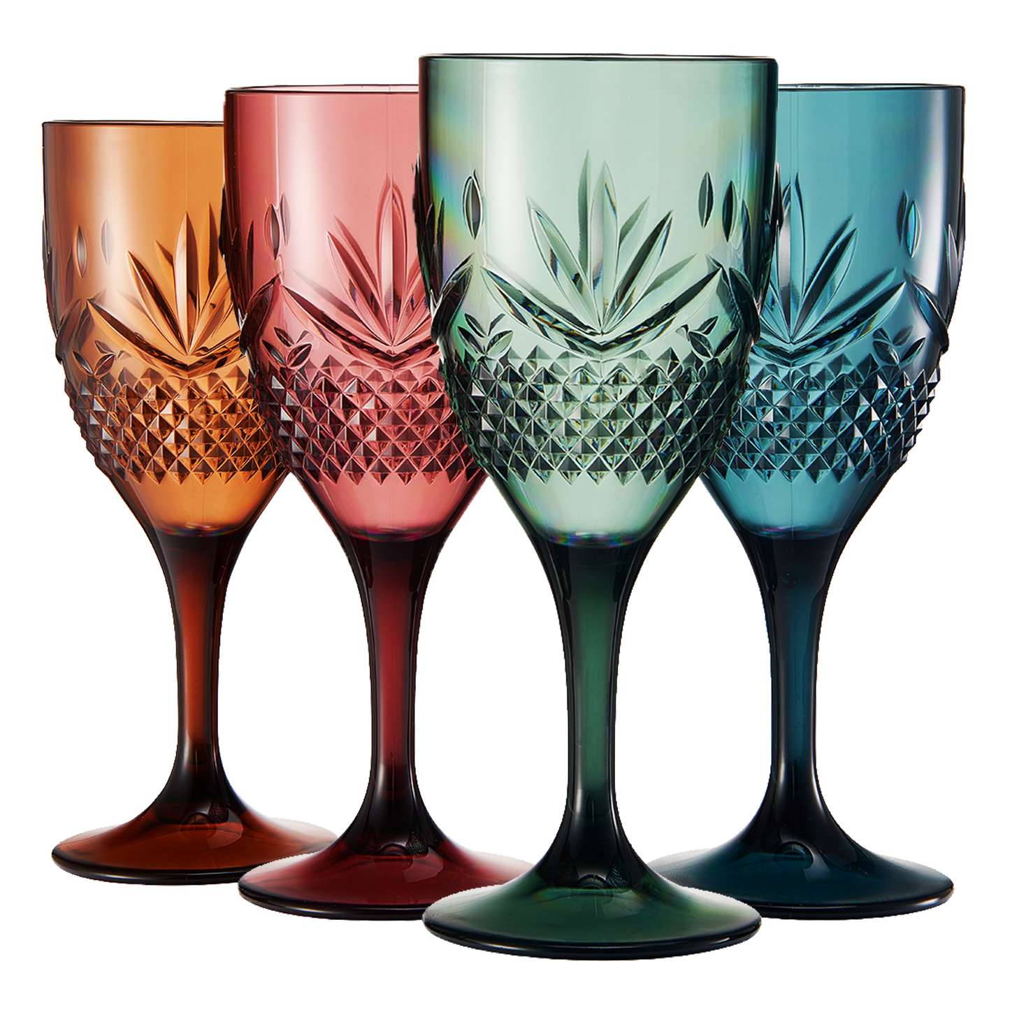 Set of four stemmed wine glasses in amber, red, green, and blue with faceted pattern