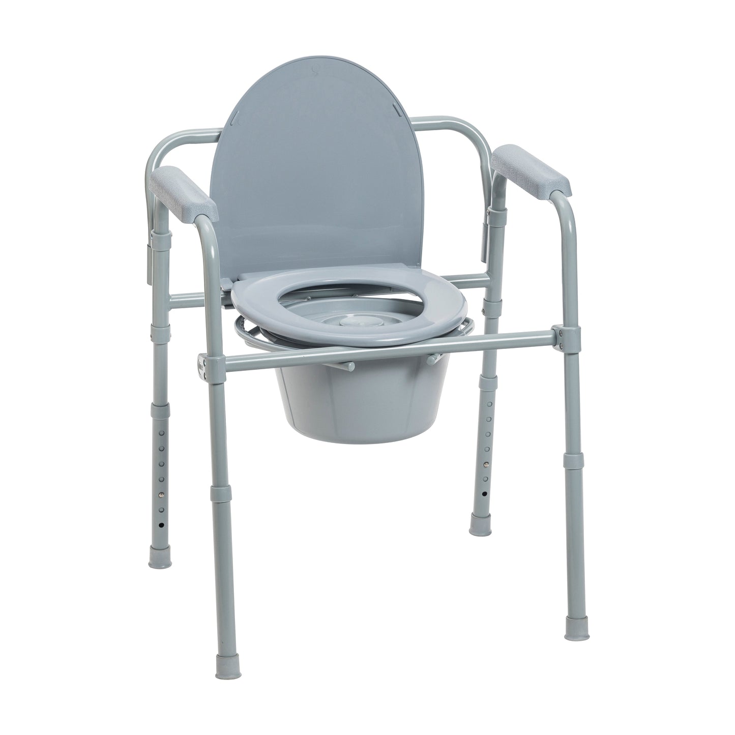Gray steel folding bedside commode with padded armrests and toilet bucket