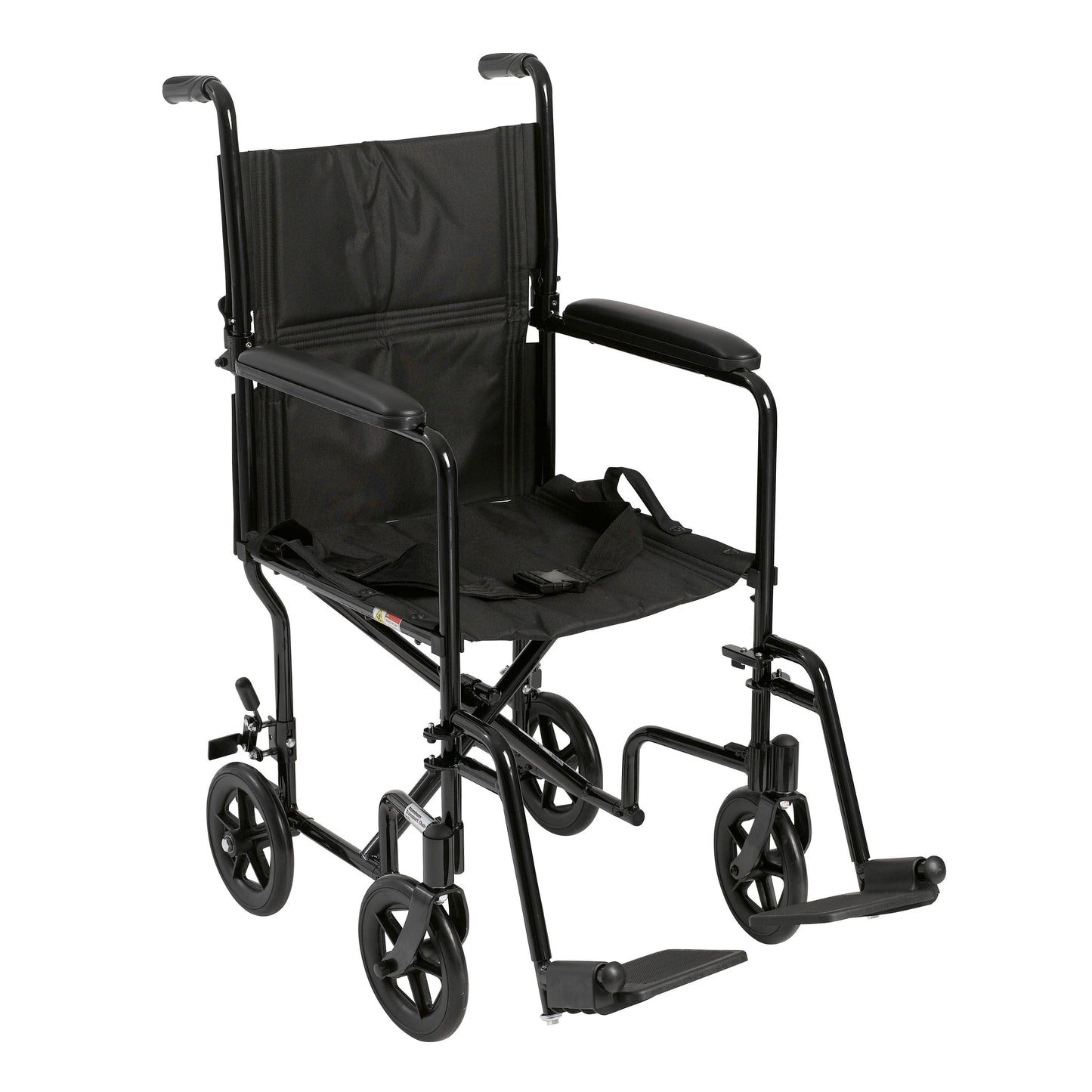 Black lightweight transport wheelchair with padded seat and back, four wheels, and leg rests