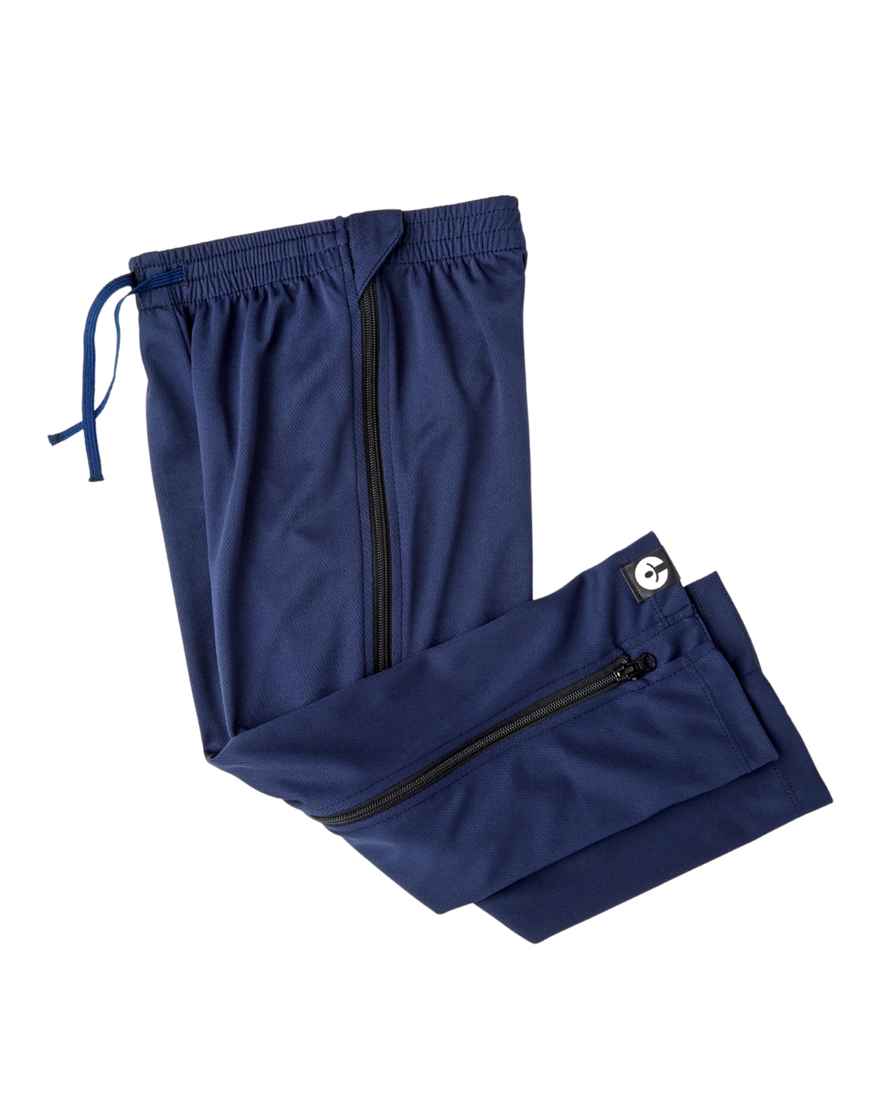 Blue athletic pants with zippers on a white background