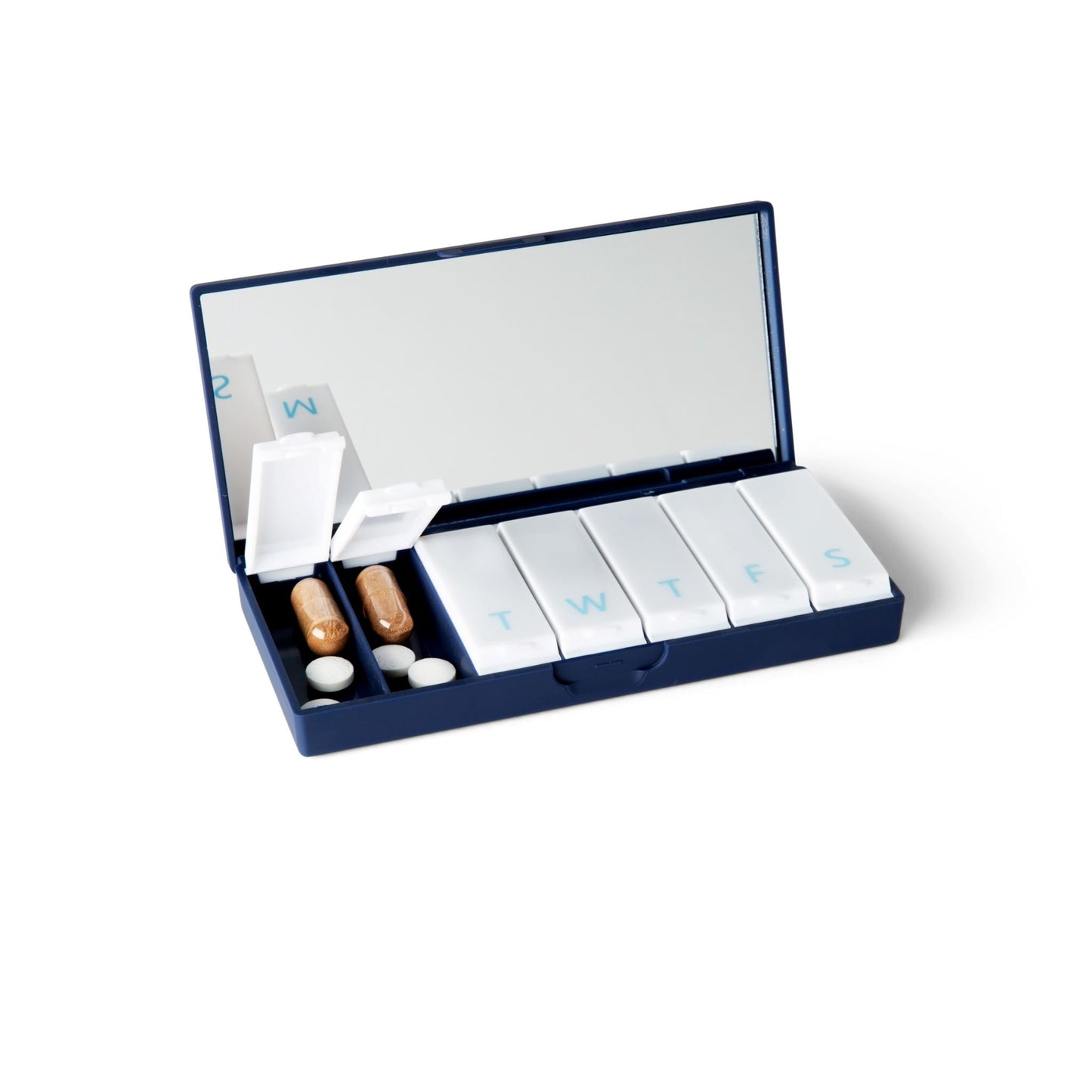 Navy blue pill box with open lid and numbered daily compartments