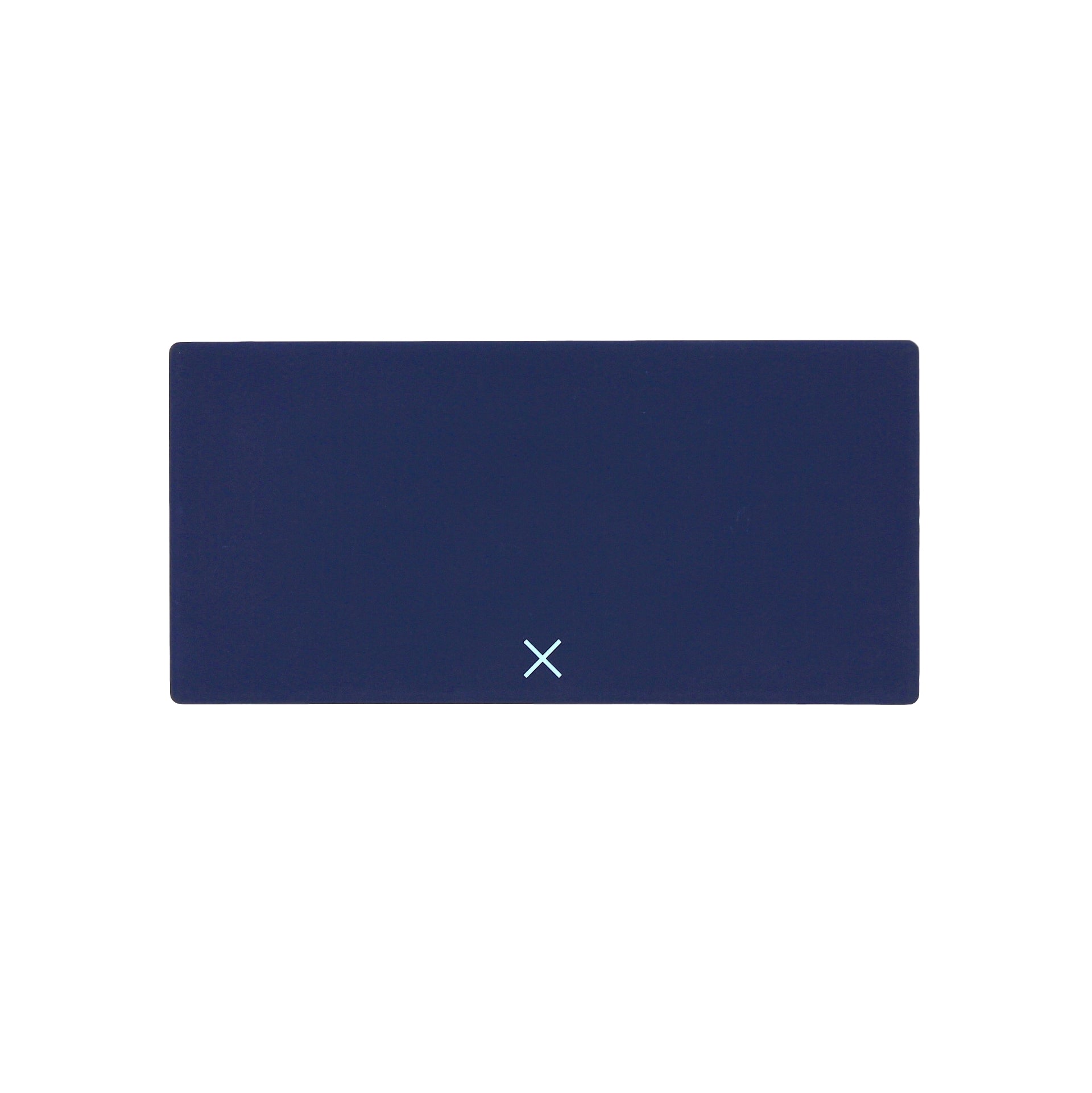Navy blue pill box closed, centered X logo on lid