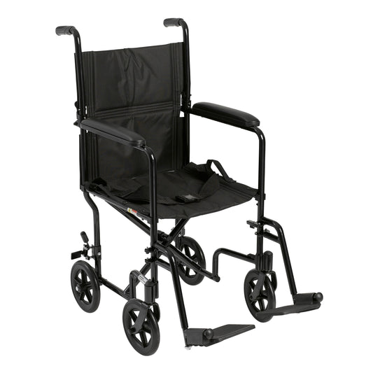 Lightweight transport wheelchair with 17 in seat, black padded back and armrests