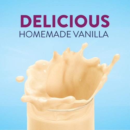 Delicious homemade vanilla shake splash graphic with label text