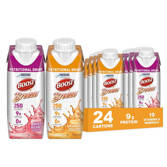 Nestle Boost Breeze variety pack showing 24 cartons: wild berry and orange nutritional drink