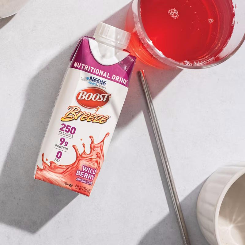 Wild Berry Boost Breeze nutritional drink carton, 250 calories, 9g protein, front view