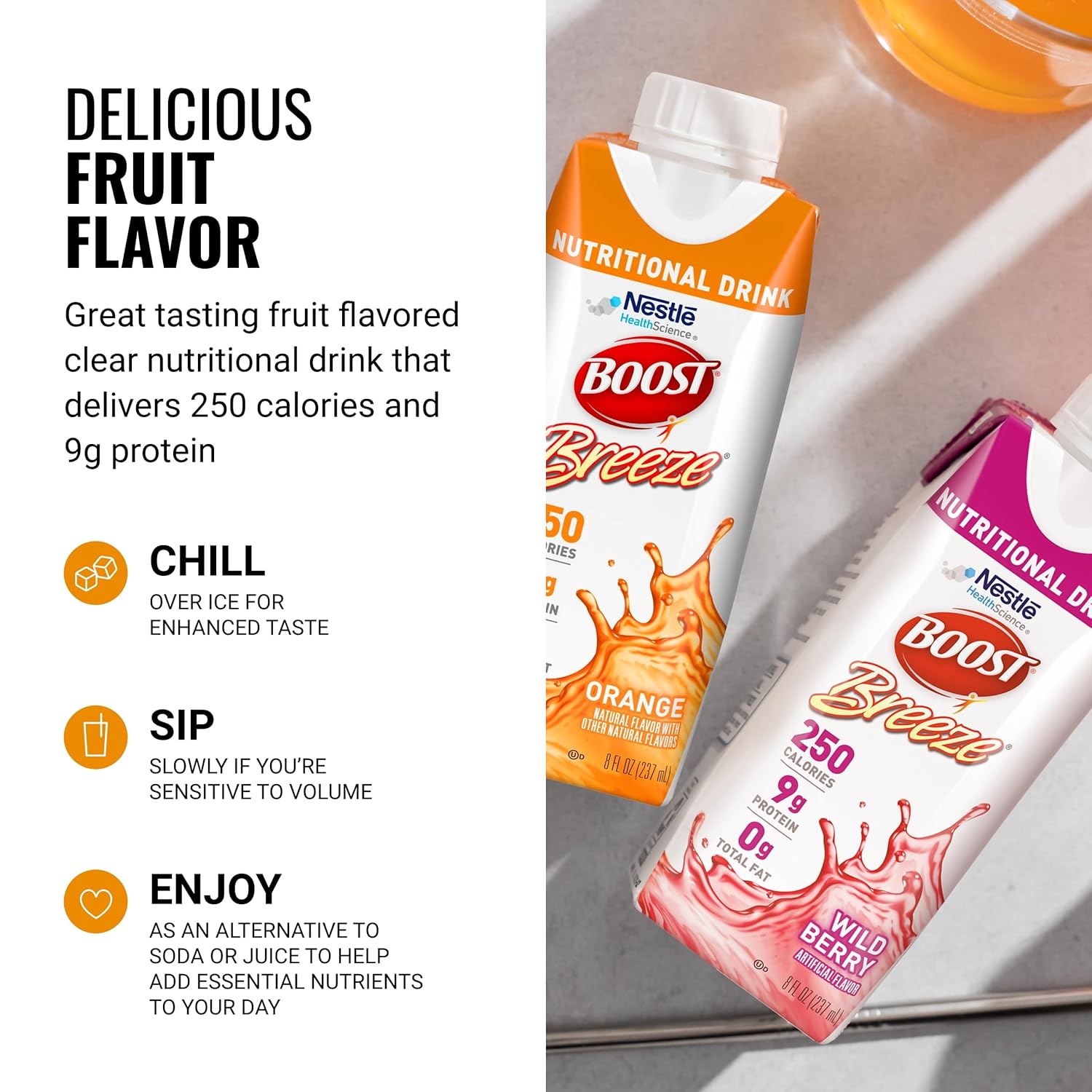 Orange Boost Breeze nutritional drink carton with Wild Berry carton, front views
