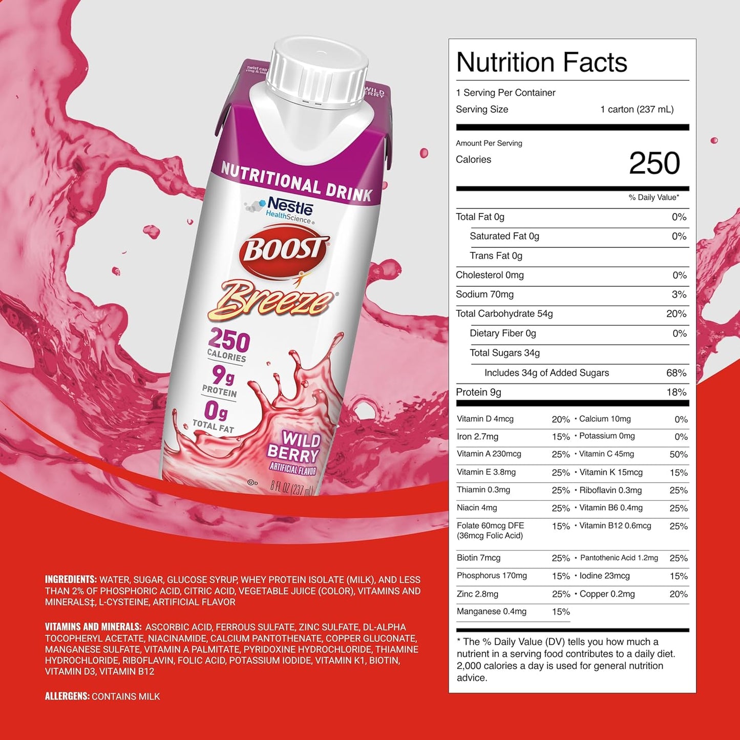 Boost Breeze wild berry nutritional facts panel on nutritional drink carton, 250 calories
