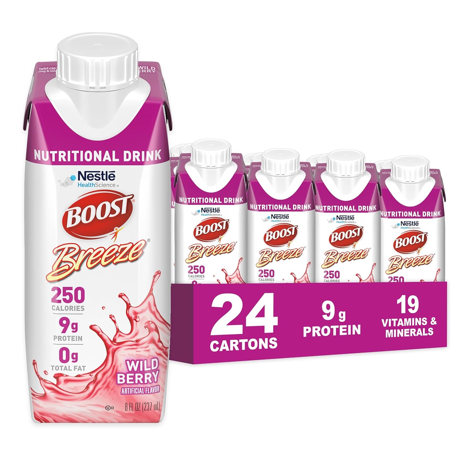 Nestlé Boost Breeze wild berry nutritional drink, 8 fl oz carton, 24-count case