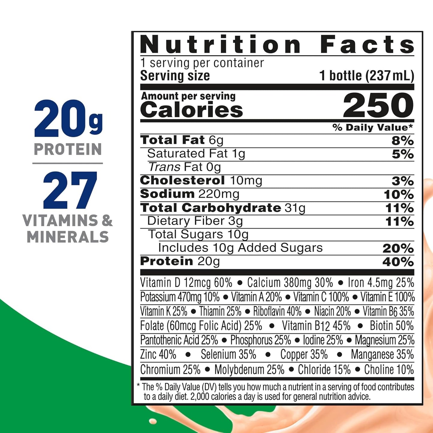 Nutrition facts panel: 1 bottle (237 mL), 250 calories and 20g protein