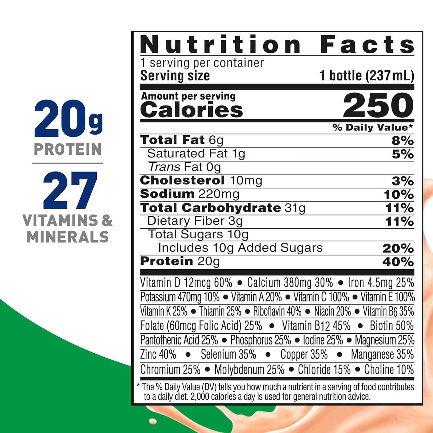 Nutrition facts panel: 1 bottle (237 mL), 250 calories and 20g protein