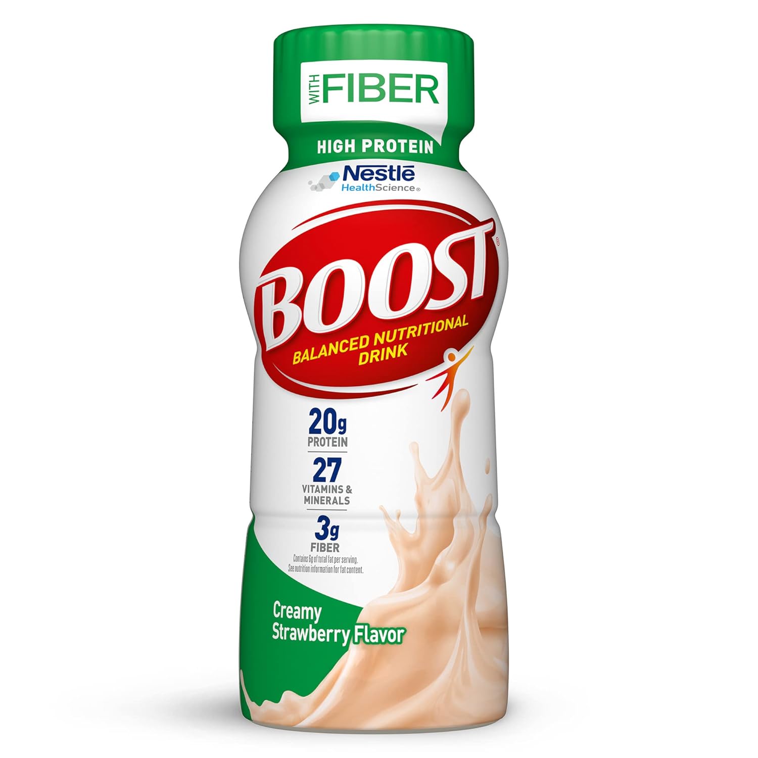 Nestlé Boost high-protein drink bottle, creamy strawberry flavor with fiber cap