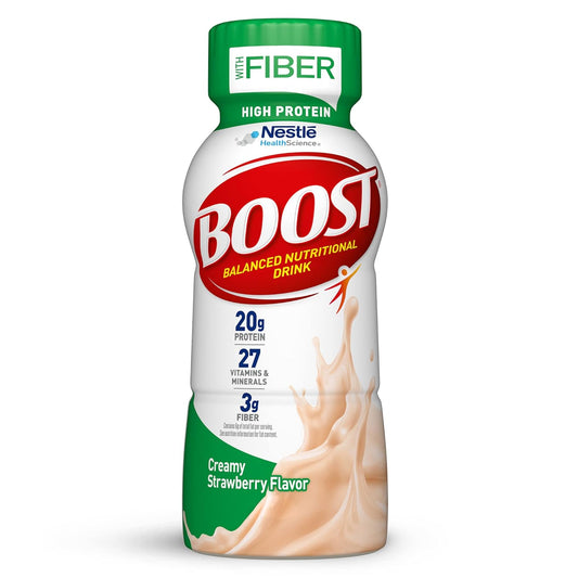 Nestlé Boost high-protein drink bottle, creamy strawberry flavor with fiber cap