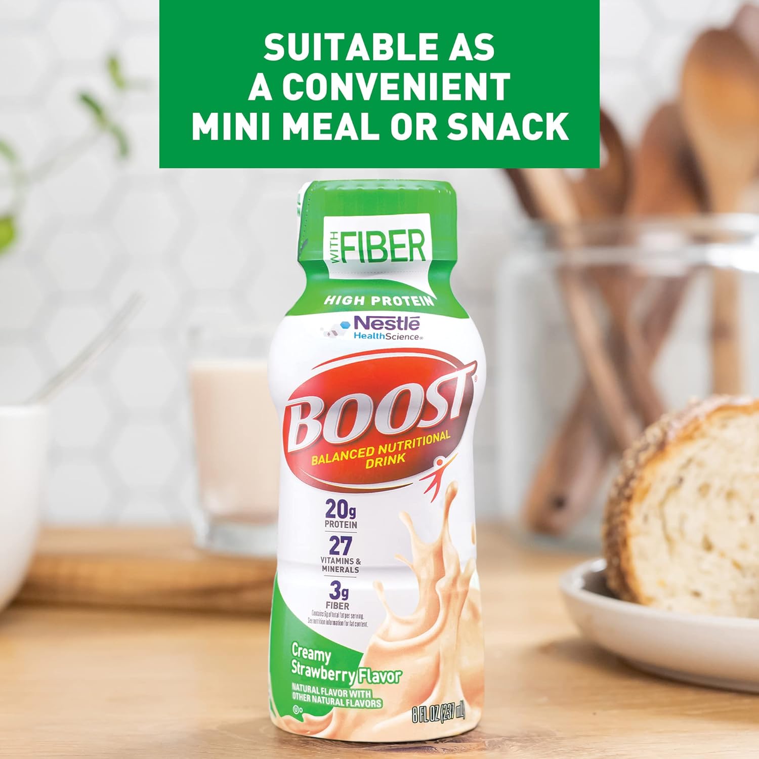 Nestlé Boost high-protein bottle, creamy strawberry flavor front label and fiber