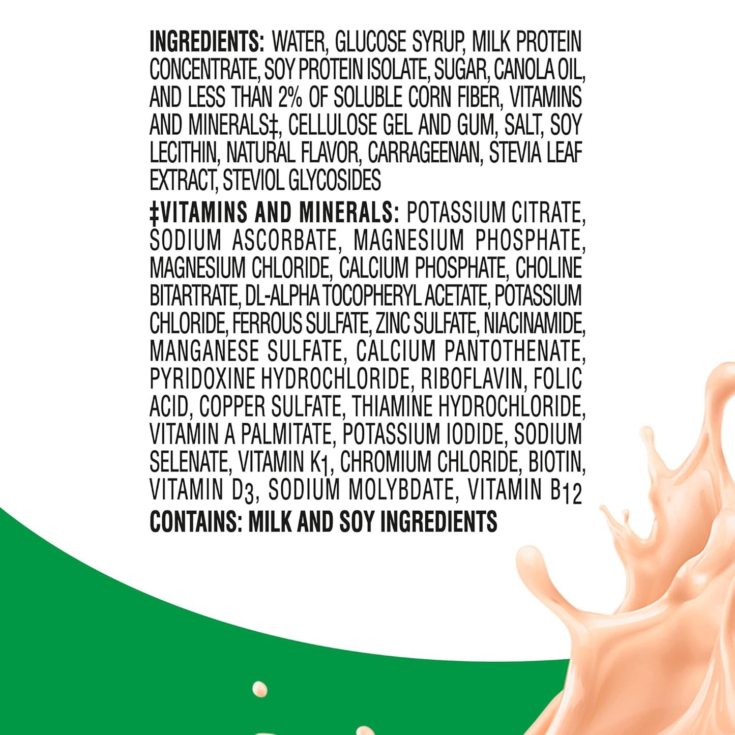 Ingredients list for creamy strawberry high-protein drink bottle with fiber