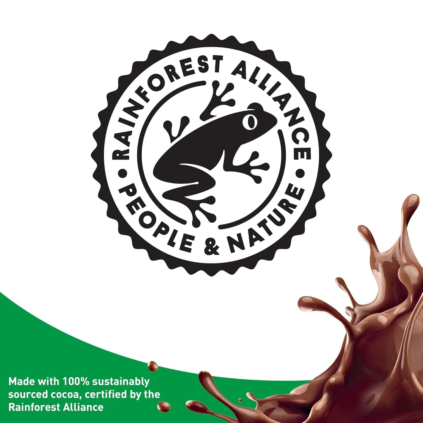 Rainforest Alliance cocoa & nature stamp on Boost rich chocolate high-protein drink