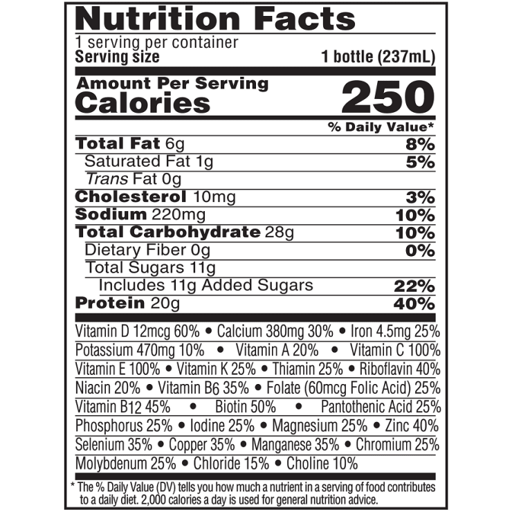 Nutrition facts for Boost high-protein rich chocolate drink, 1 bottle (237 mL)