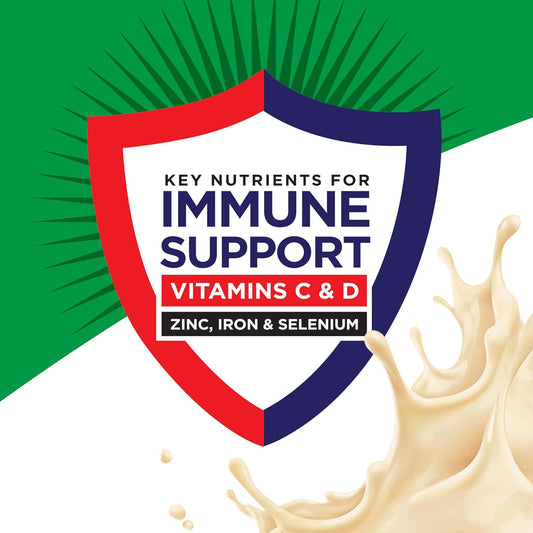 Immune support graphic: vitamins C & D, zinc, iron, selenium