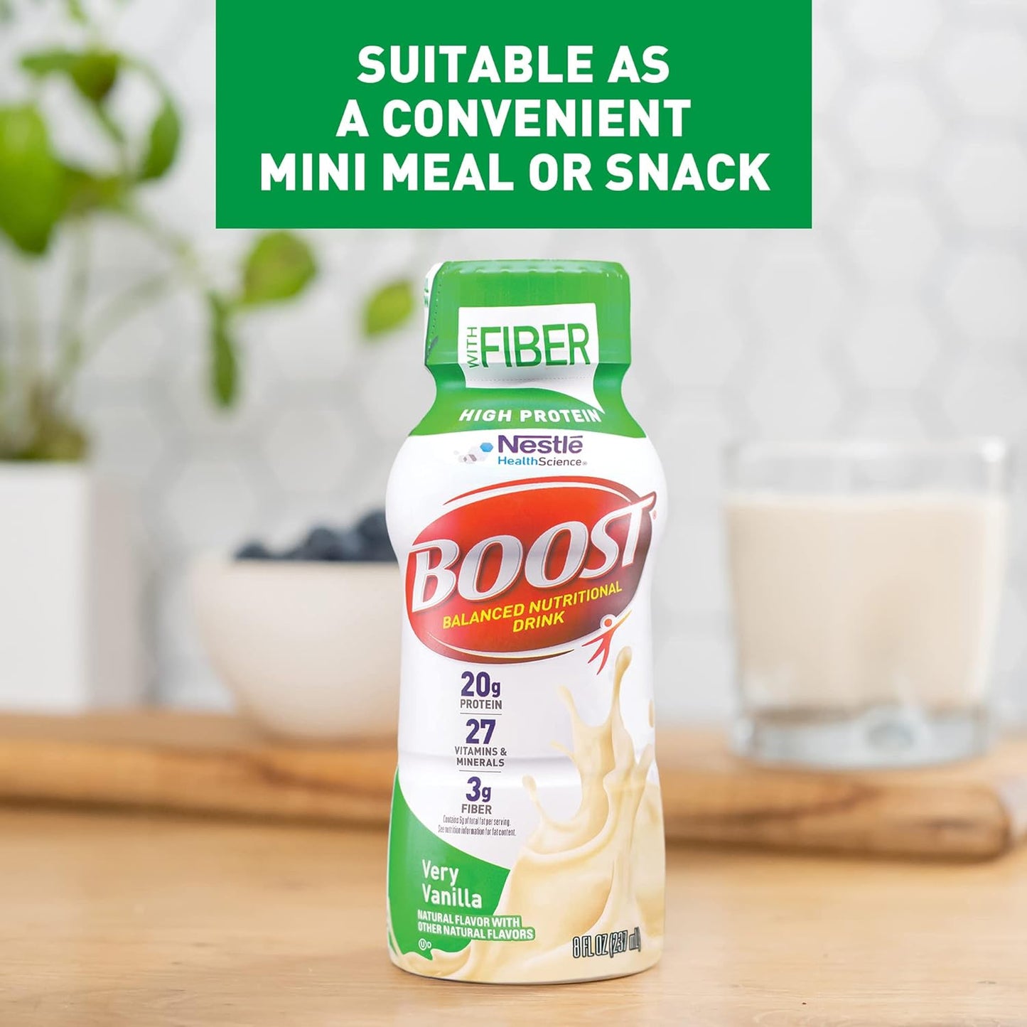 High-protein drink bottle with “mini meal or snack” suitability text