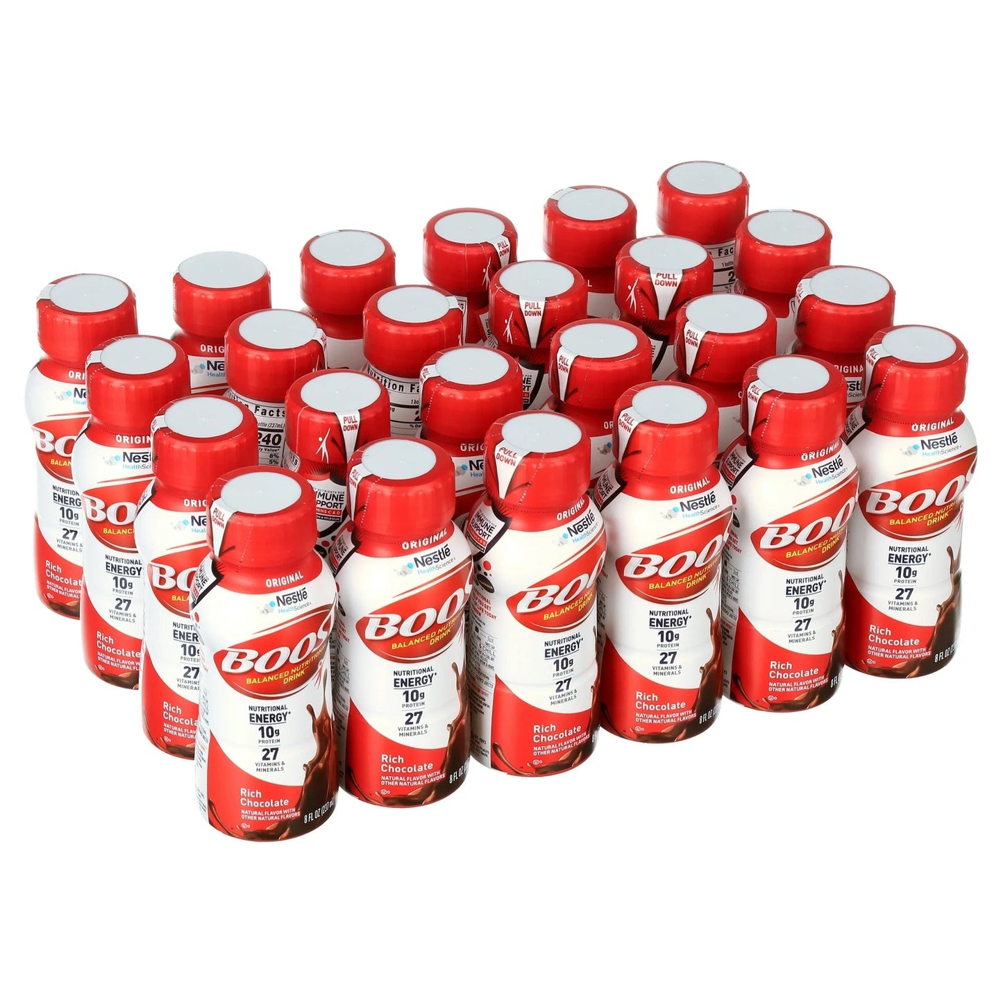Assorted Boost Original rich chocolate bottles, 8 fl oz, shown in a bundle
