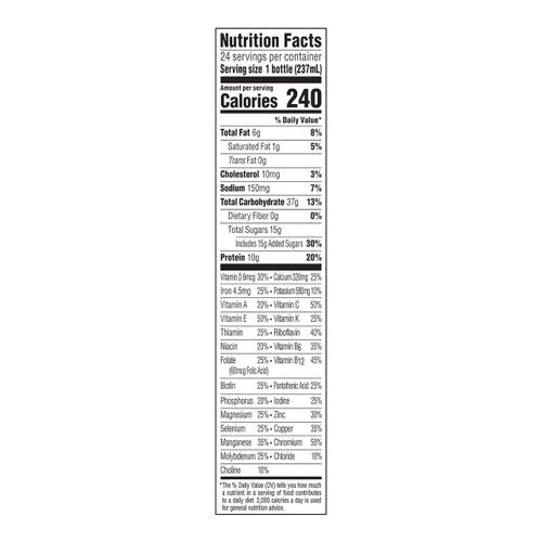 Nutrition Facts panel for Boost Original rich chocolate; 240 calories per serving