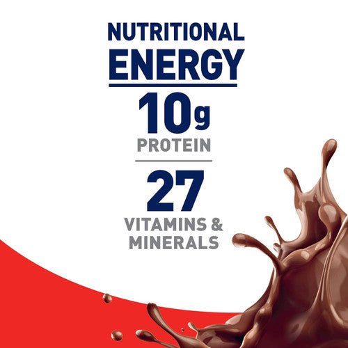 Boost Original rich chocolate label panel: 10g protein, 27 vitamins & minerals