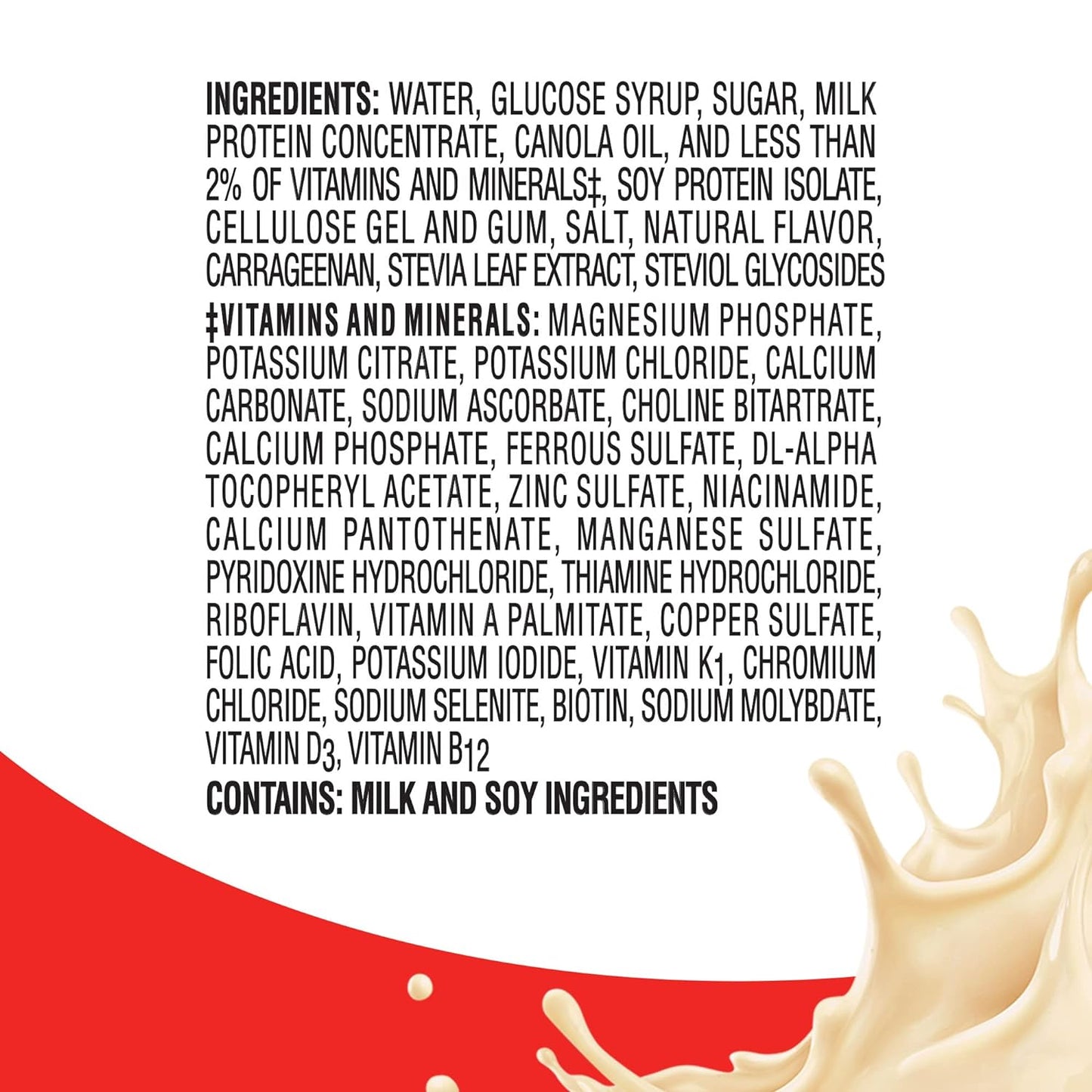 Ingredients and contains-milk-and-soy info for Boost Original very vanilla nutritional drink