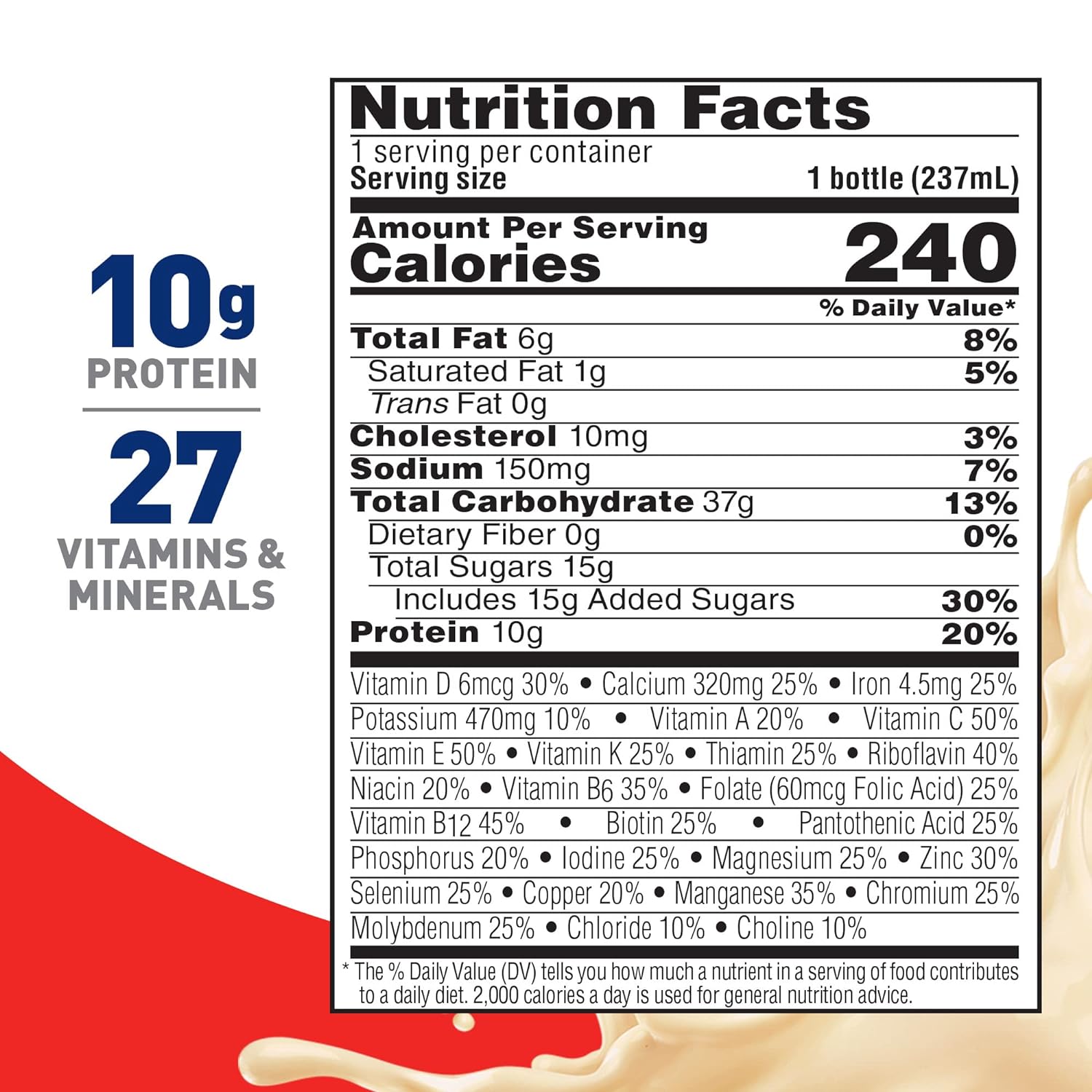 Nutrition Facts panel for Boost Original very vanilla, 1 bottle (237 mL), 10g protein