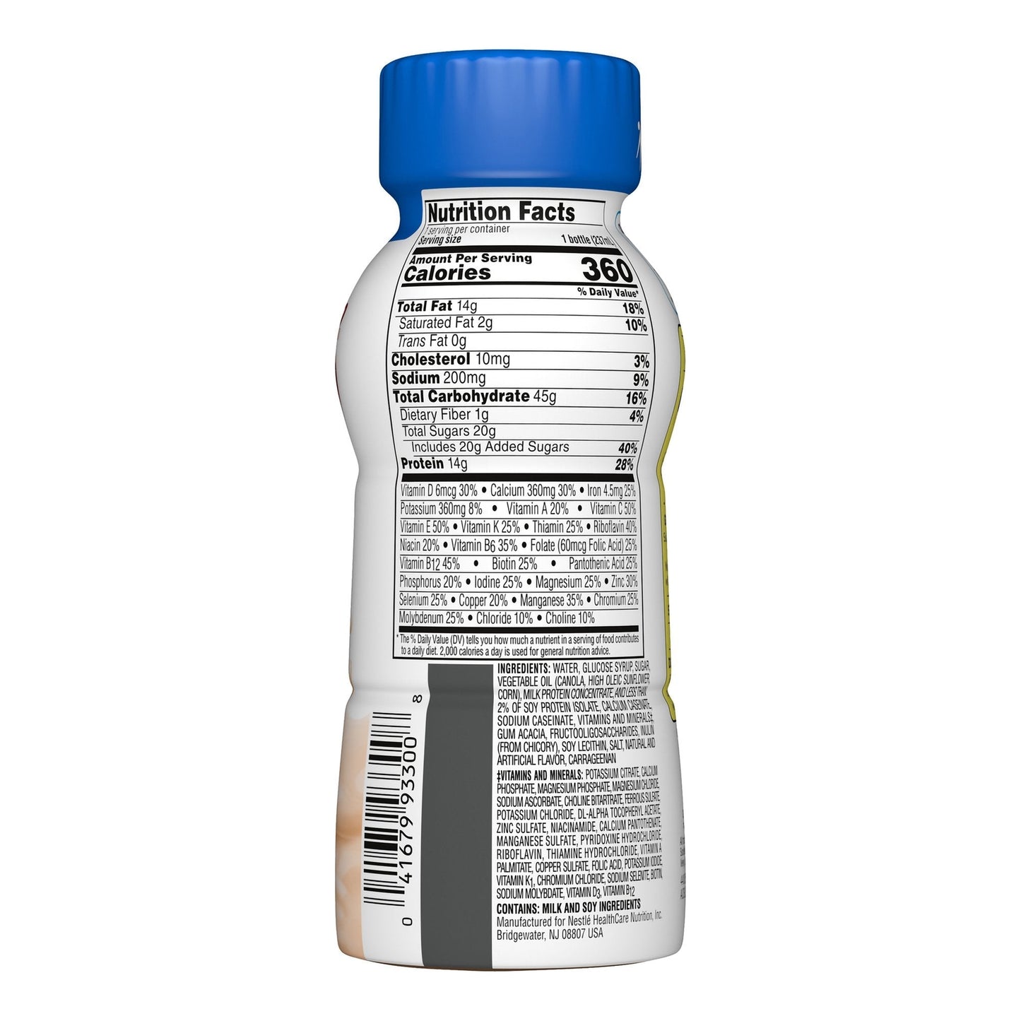 Boost Plus creamy strawberry bottle back with Nutrition Facts and barcode