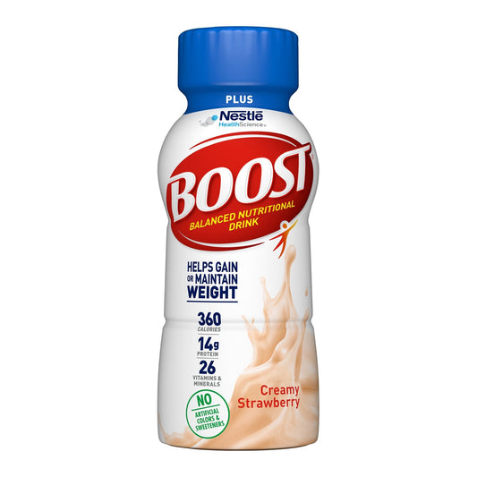 Nestlé Boost Plus creamy strawberry nutritional drink bottle, blue cap, 8 oz