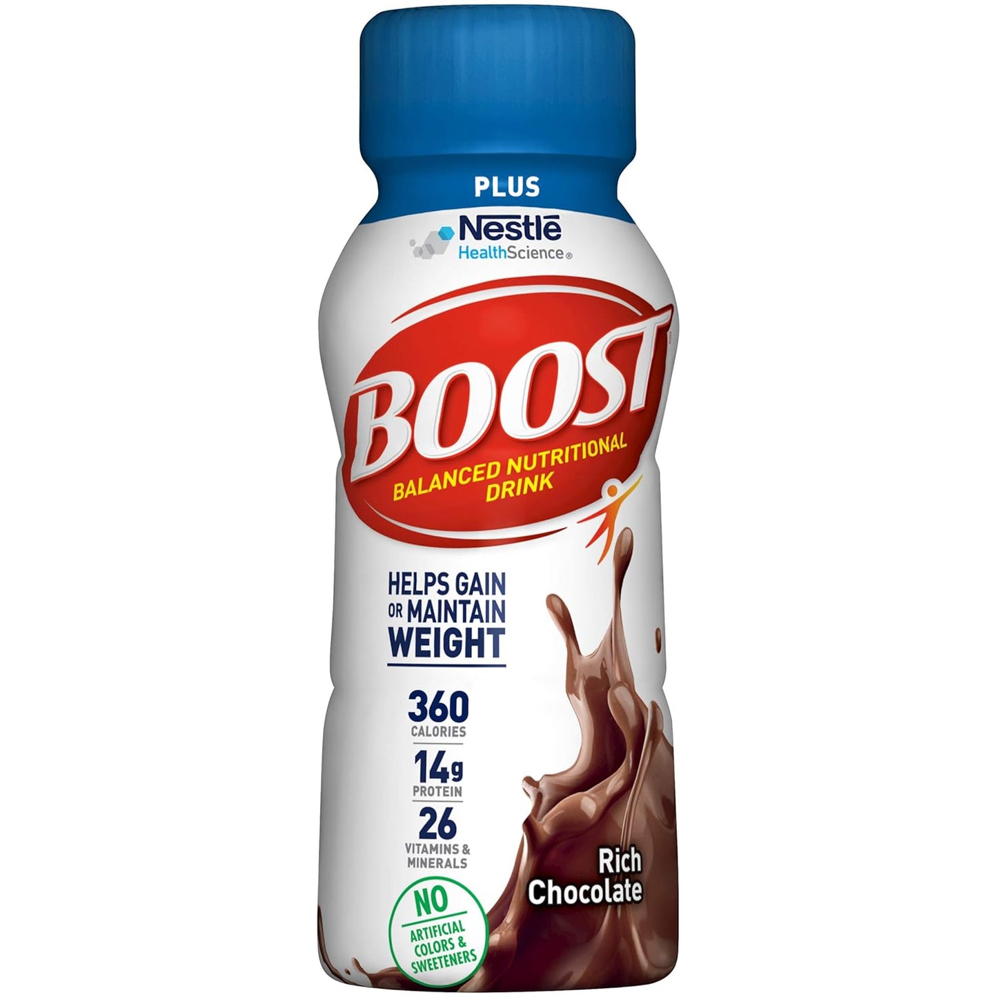 Boost Plus balanced nutritional drink bottle, rich chocolate flavor, 8 fl oz