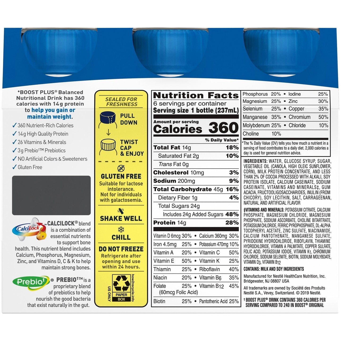Nutrition Facts panel for Boost Plus rich chocolate balanced nutritional drink, 360 calories