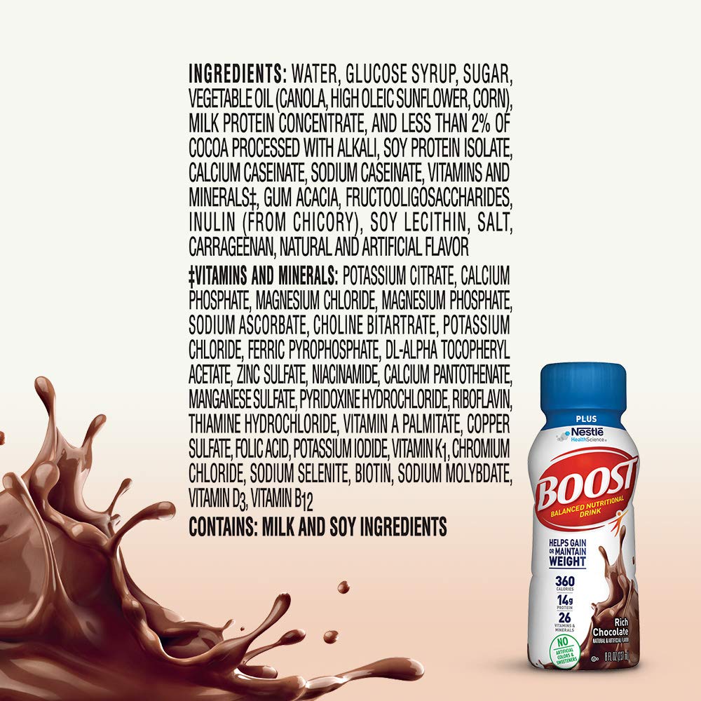 Ingredients list for Boost Plus rich chocolate balanced nutritional drink