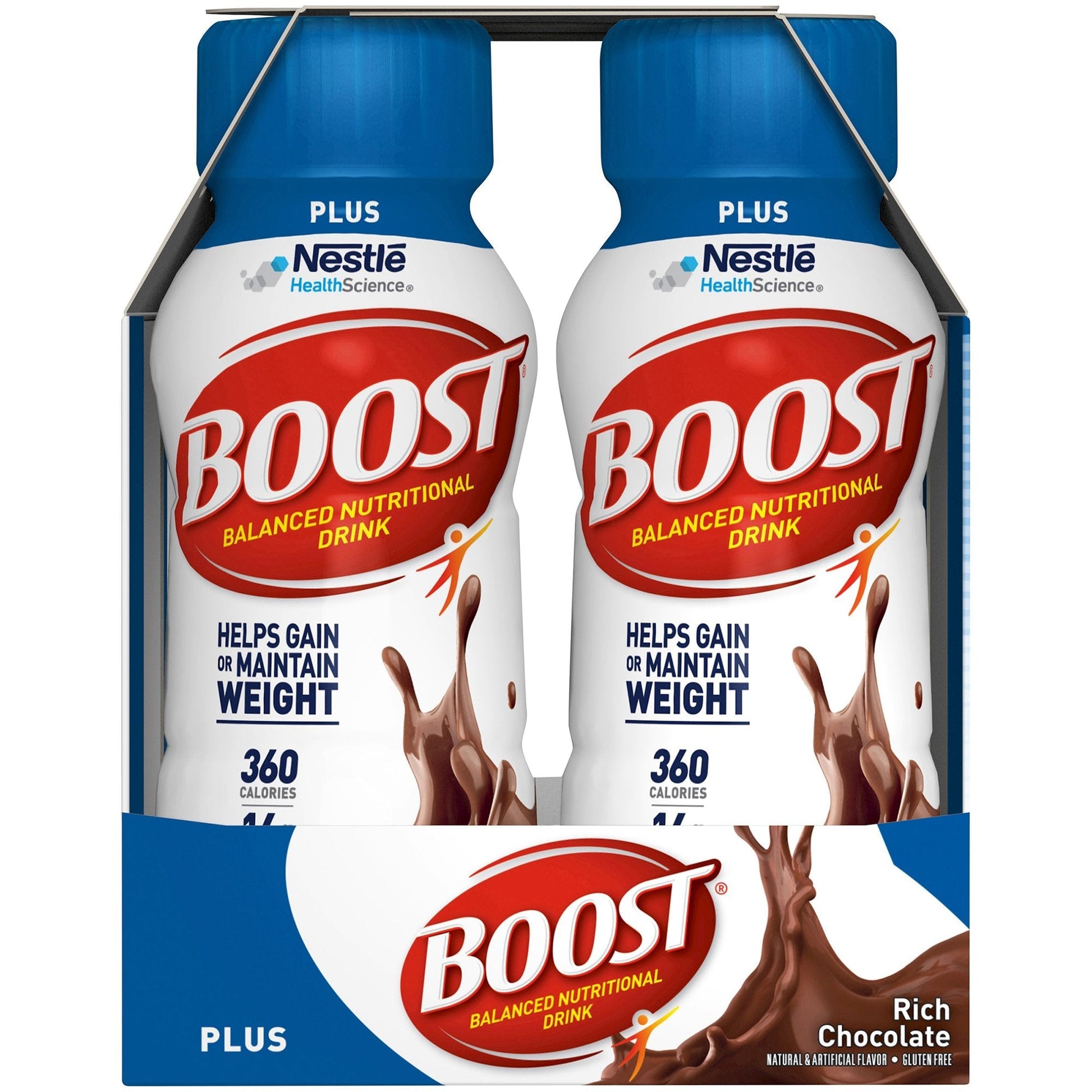 Two Boost Plus rich chocolate balanced nutritional drink bottles in a multipack